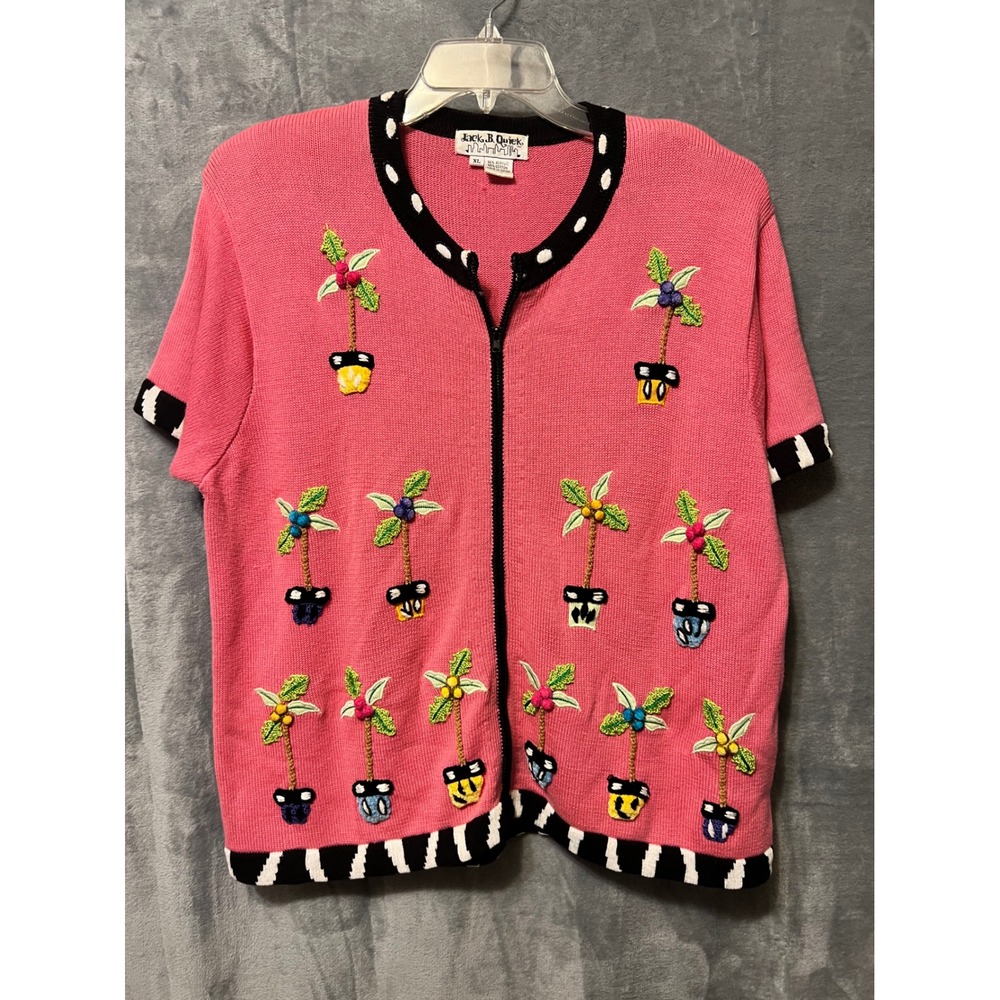 Vintage Jack B. Quick Pink Palm Tree Embroidered‎ Knit Zip Cardigan XL